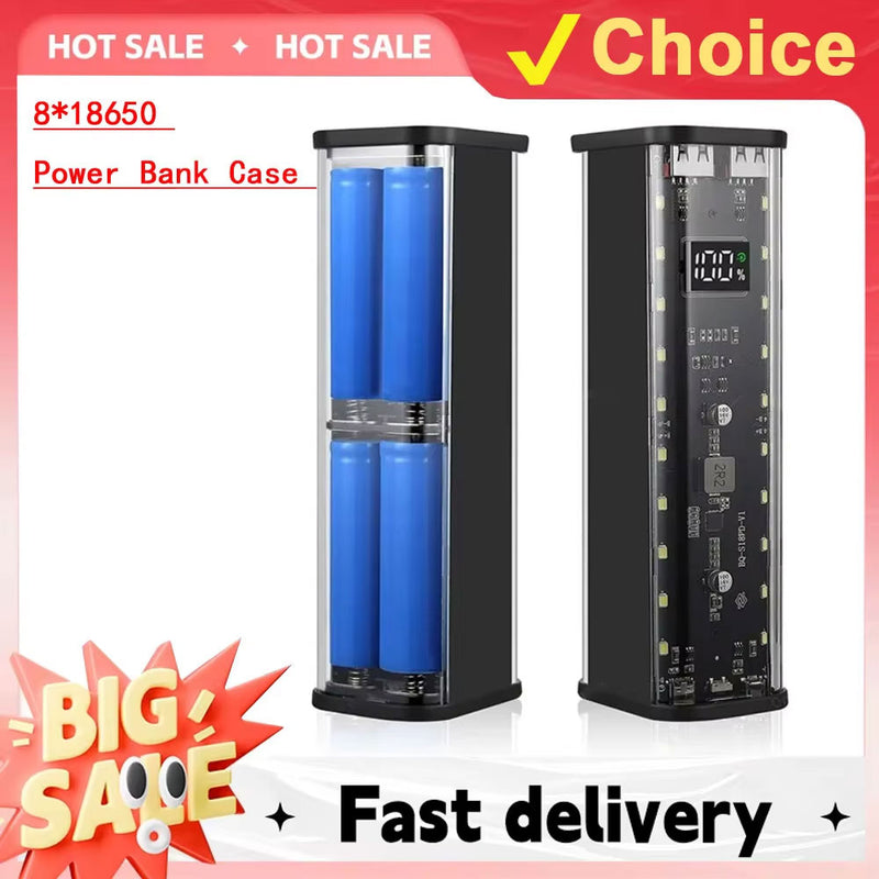 Transparent 8x18650 Power Bank Case 22.5W Fast Charging with LED, USB-C & Micro USB – For iPhone/Samsung