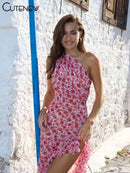 Floral Midi Dress Incline Shoulder Ruffle