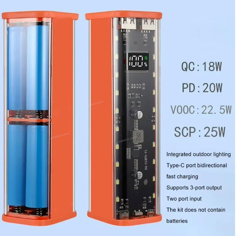 Transparent 8x18650 Power Bank Case 22.5W Fast Charging with LED, USB-C & Micro USB – For iPhone/Samsung