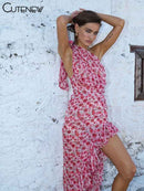 Floral Midi Dress Incline Shoulder Ruffle