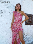 Floral Midi Dress Incline Shoulder Ruffle