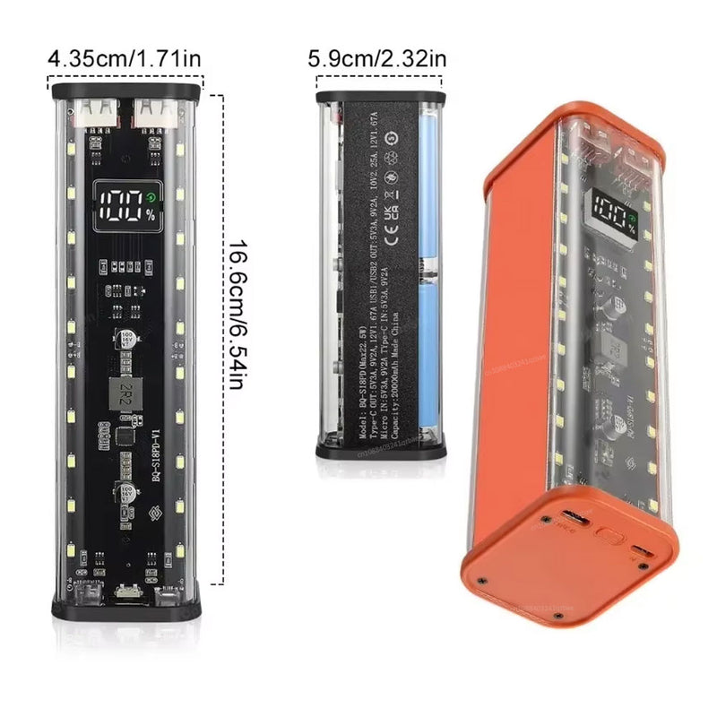 Transparent 8x18650 Power Bank Case 22.5W Fast Charging with LED, USB-C & Micro USB – For iPhone/Samsung