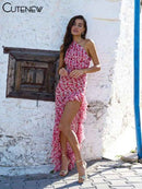 Floral Midi Dress Incline Shoulder Ruffle